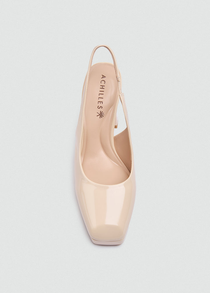 Patent Kitten Slingback Pumps - Beige