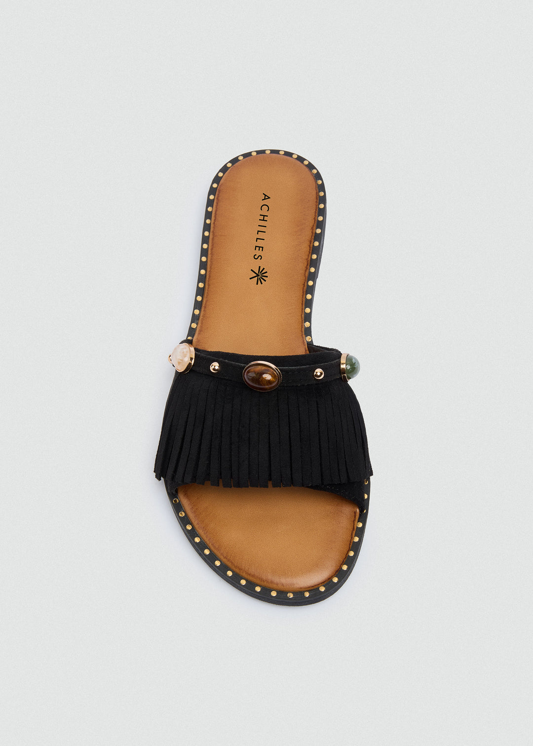 Suede Slides Fringe Stones - Black