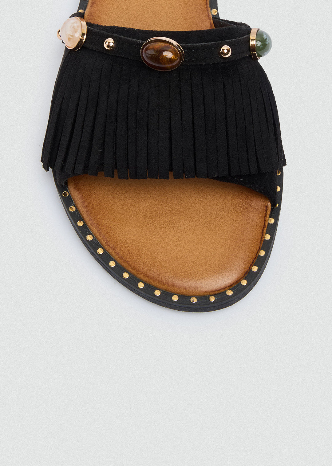 Suede Slides Fringe Stones - Black