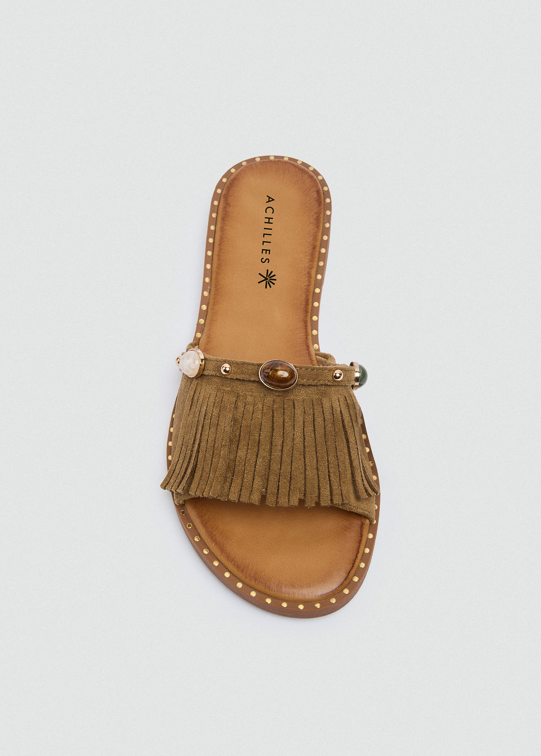 Suede Slides Fringe Stones - Café