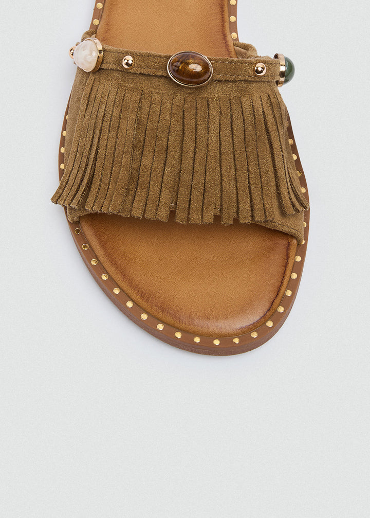 Suede Slides Fringe Stones - Café