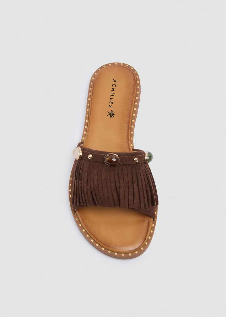 Suede Slides Fringe Stones - Brown