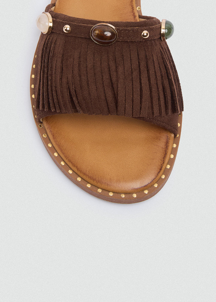 Suede Slides Fringe Stones - Brown