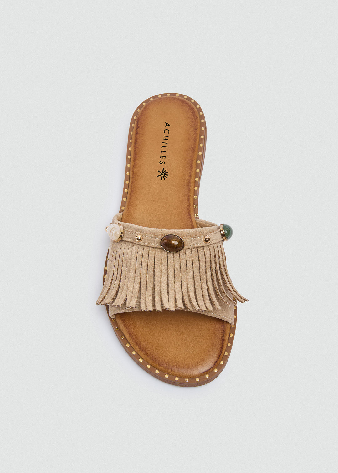 Suede Slides Fringe Stones - Beige
