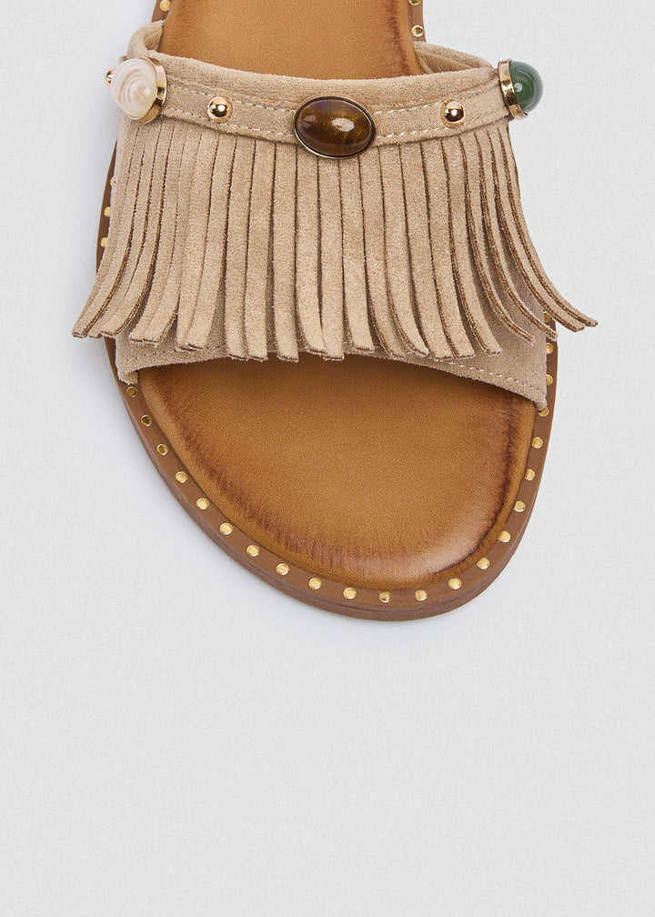 Suede Slides Fringe Stones - Beige