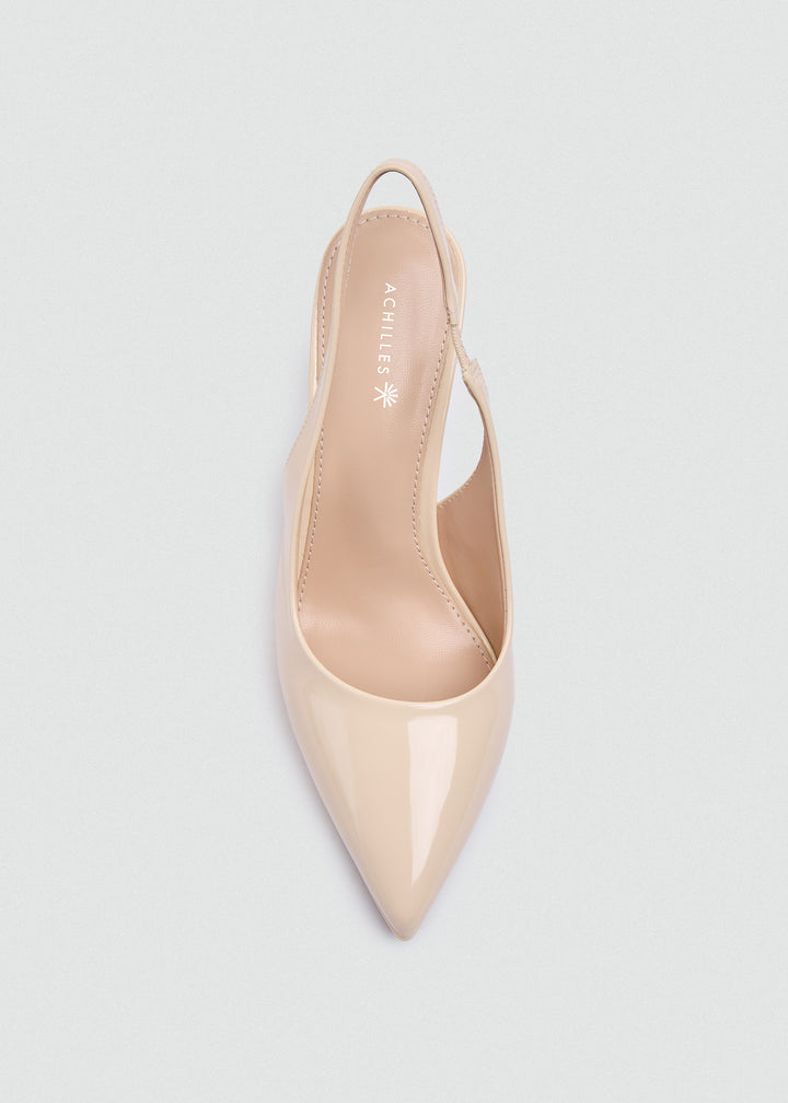 Pointy Slingback Block Heel Pumps - Beige
