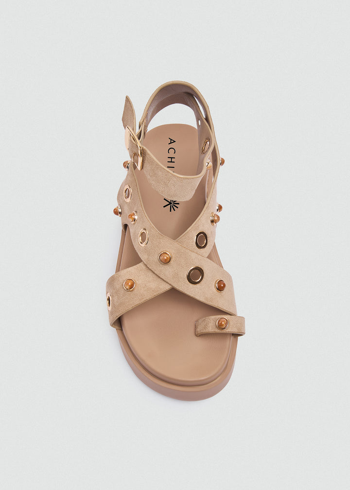 Chunky Suede Platform Crisscross Studded Sandals - Beige
