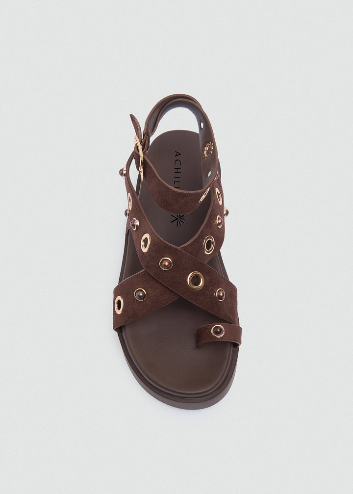 Chunky Suede Platform Crisscross Studded Sandals - Brown