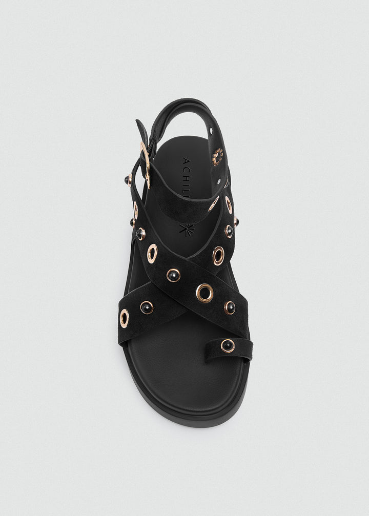 Chunky Suede Platform Crisscross Studded Sandals - Black