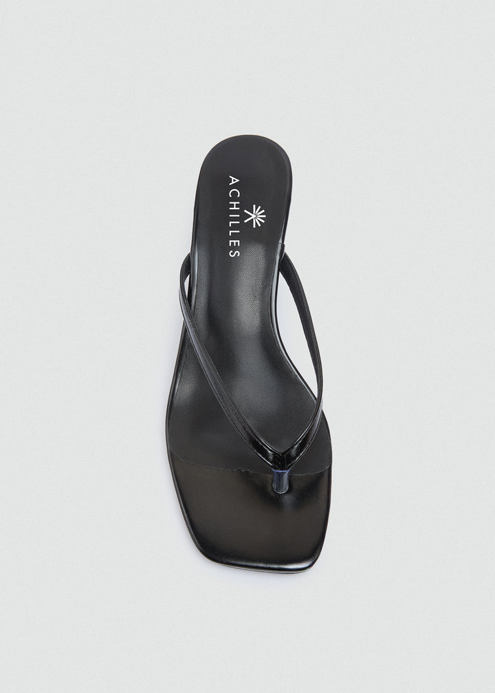 Square Toe Thong Heeled Mules - Black