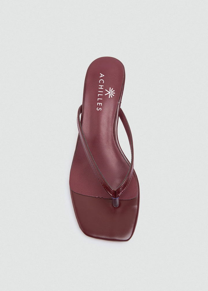 Square Toe Thong Heeled Mules - Maroon