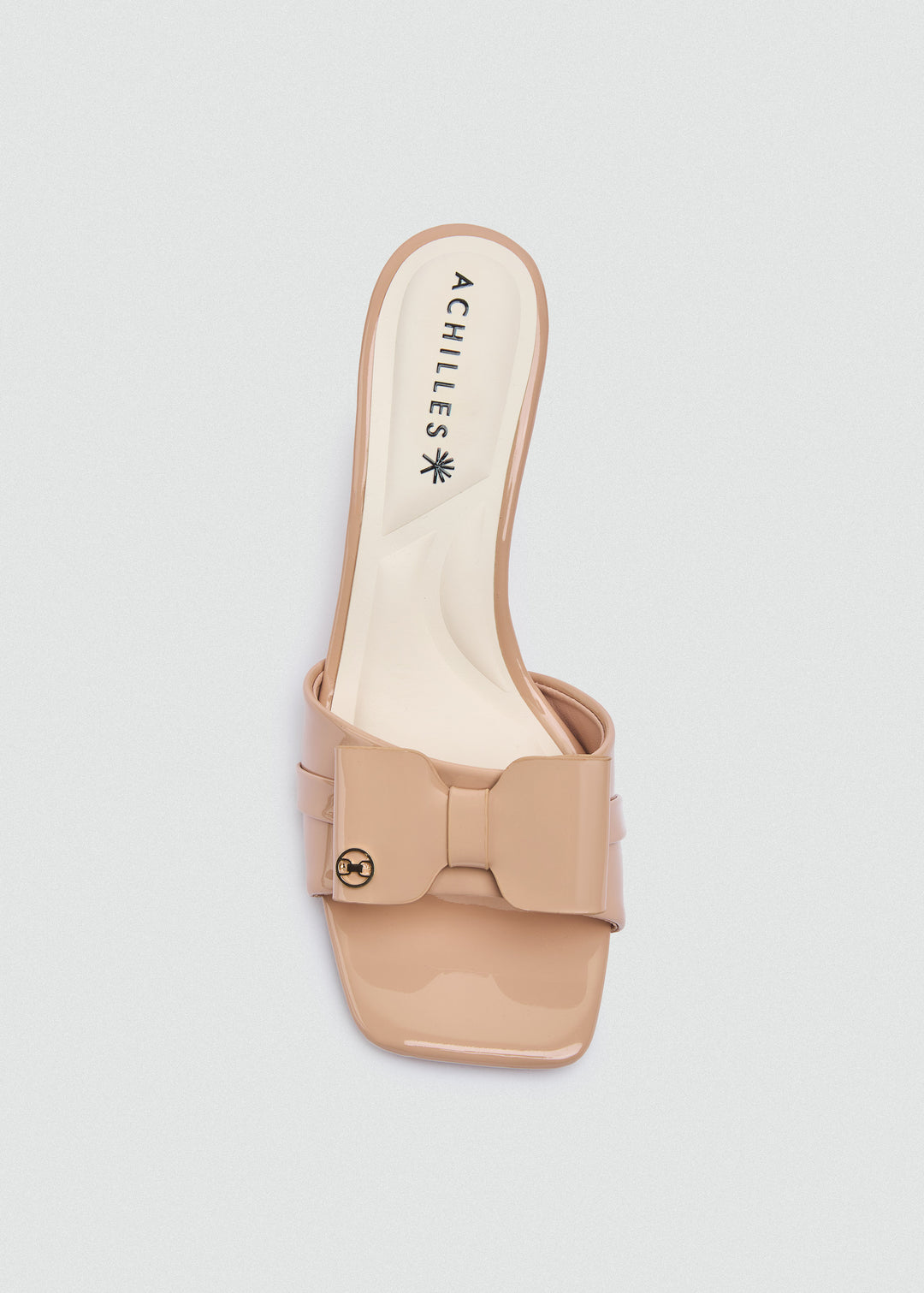 Patent Bow Heeled Mules - Beige