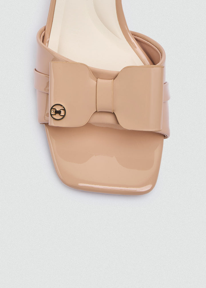Patent Bow Heeled Mules - Beige