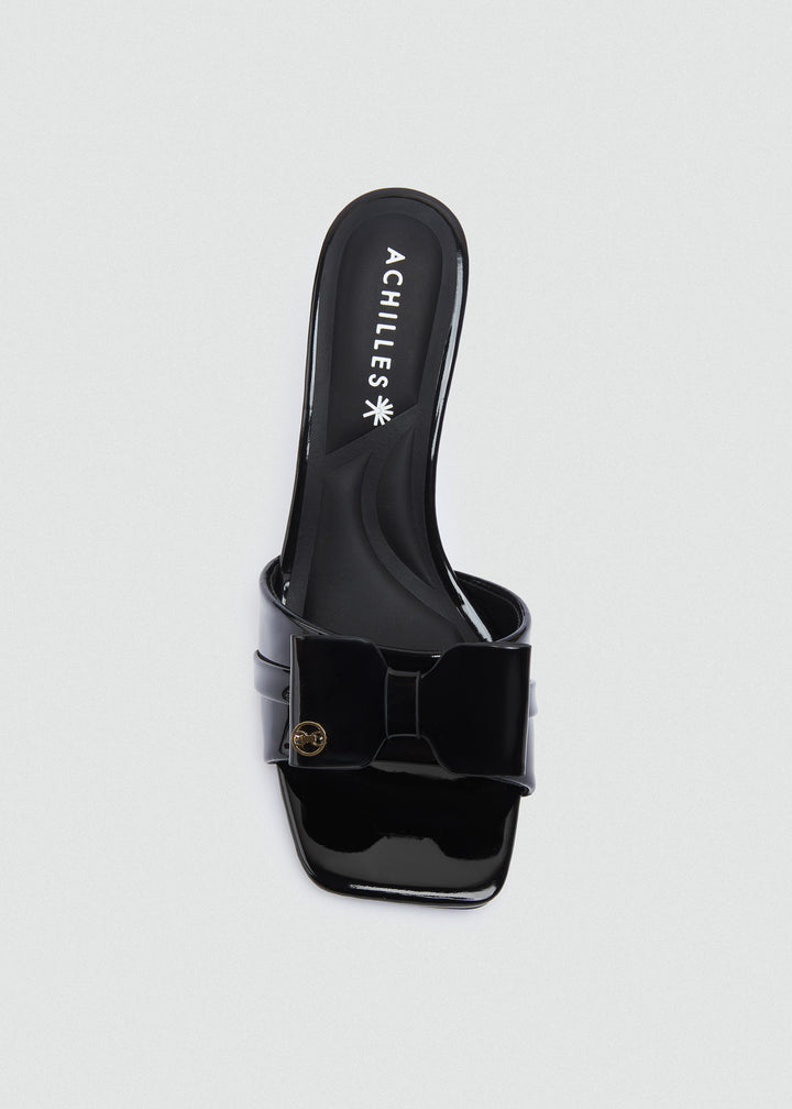 Patent Bow Heeled Mules - Black