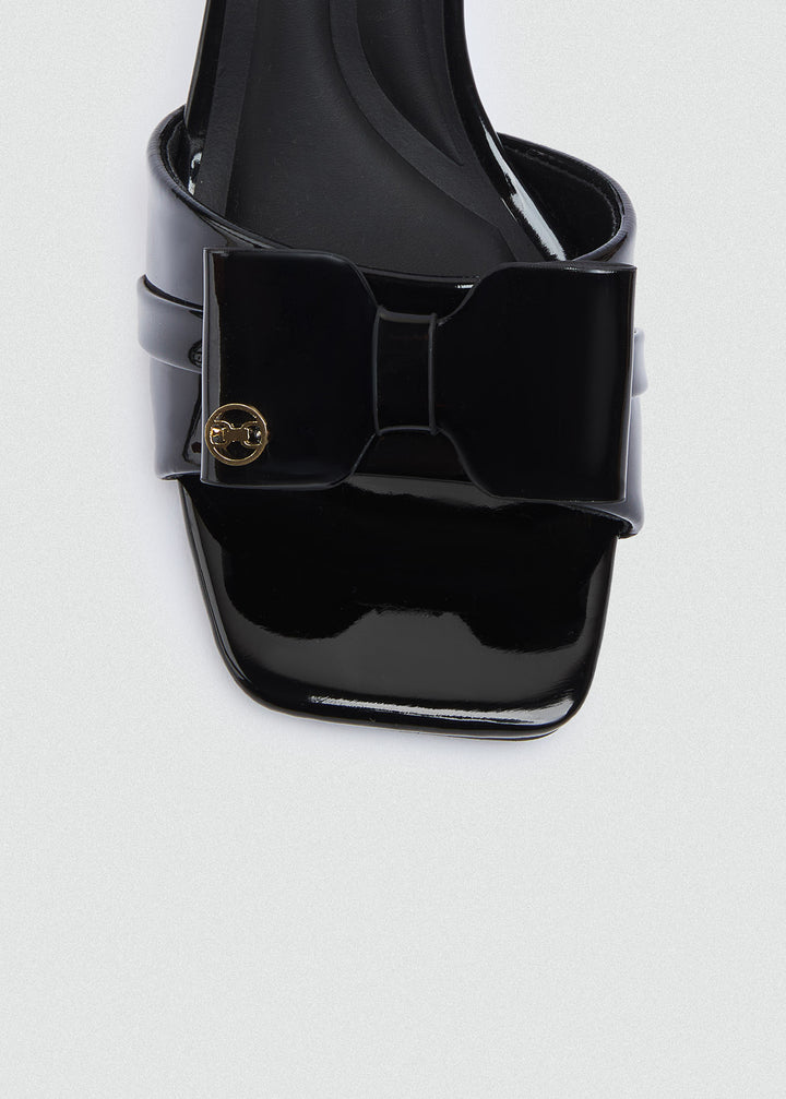 Patent Bow Heeled Mules - Black