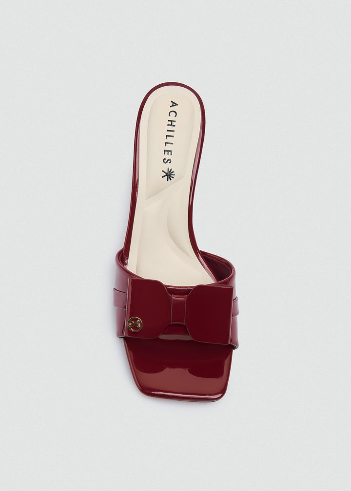 Patent Bow Heeled Mules - Maroon