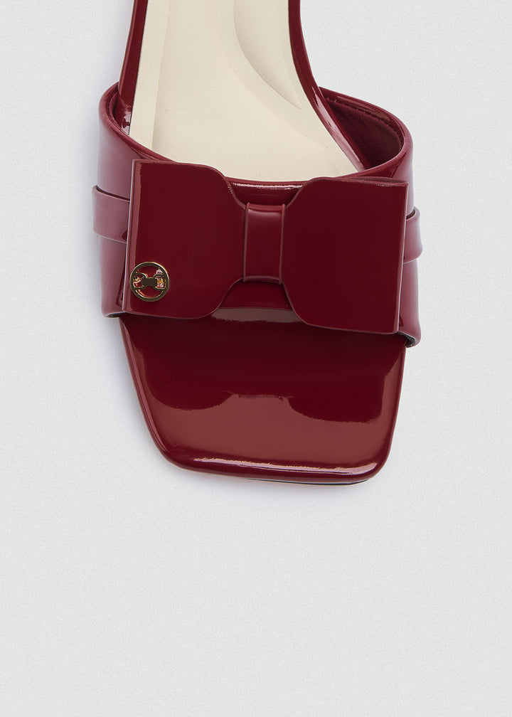 Patent Bow Heeled Mules - Maroon