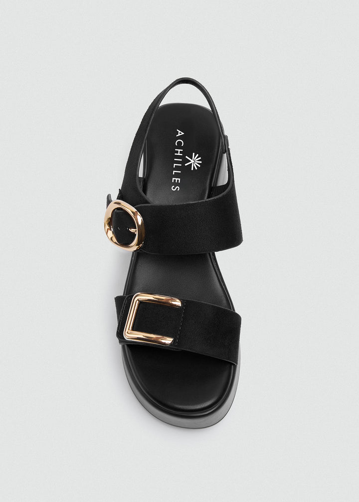 Suede Wedge Dual Gold Buckles - Black