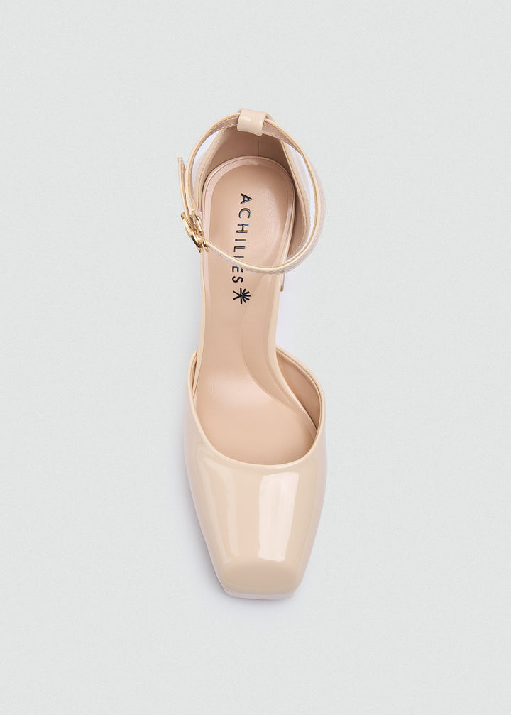 Round Toe Platform Ankle Strap Pumps - Beige