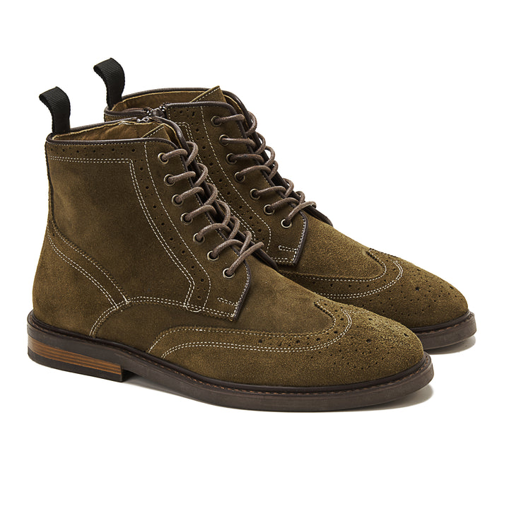 Suede Brogue Genuine Leather Half Boots - Olive