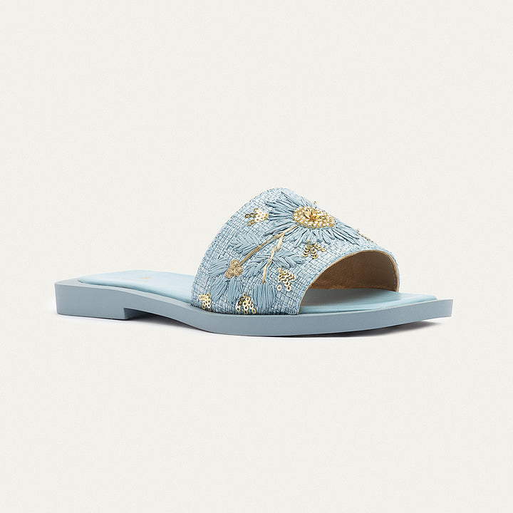 Bloom Embroidered Raffia Slides | Sky Blue