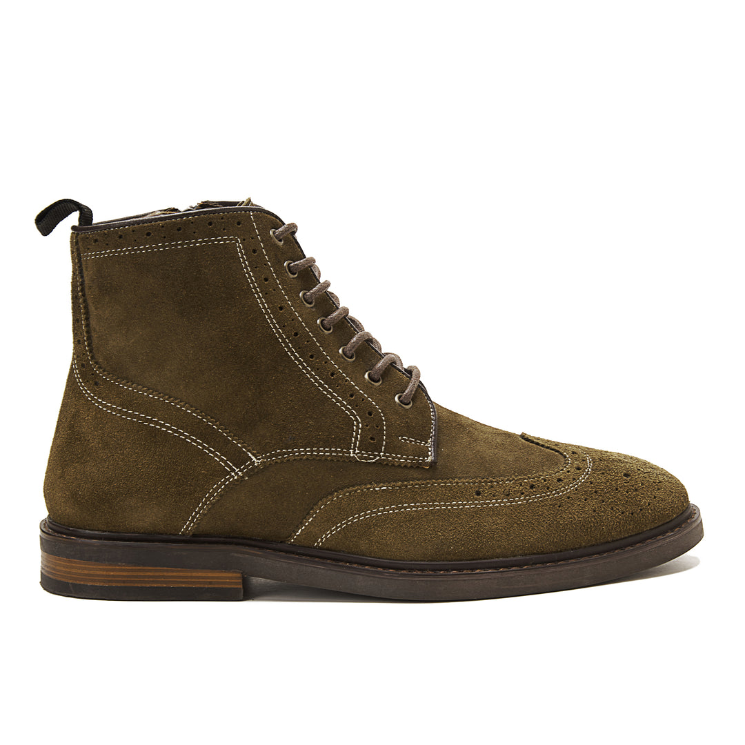 Suede Brogue Genuine Leather Half Boots - Olive