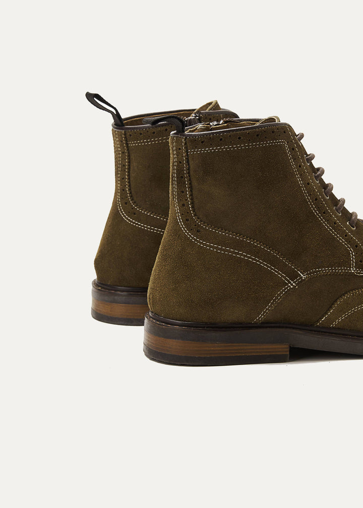 Suede Brogue Genuine Leather Half Boots - Olive
