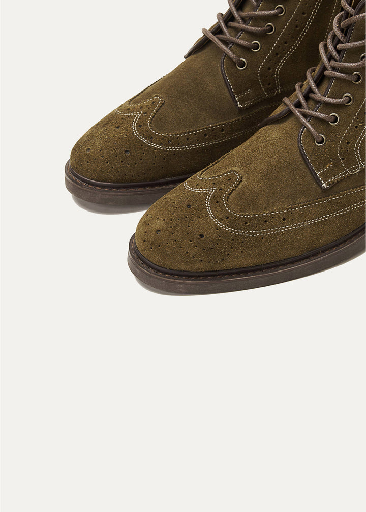 Suede Brogue Genuine Leather Half Boots - Olive