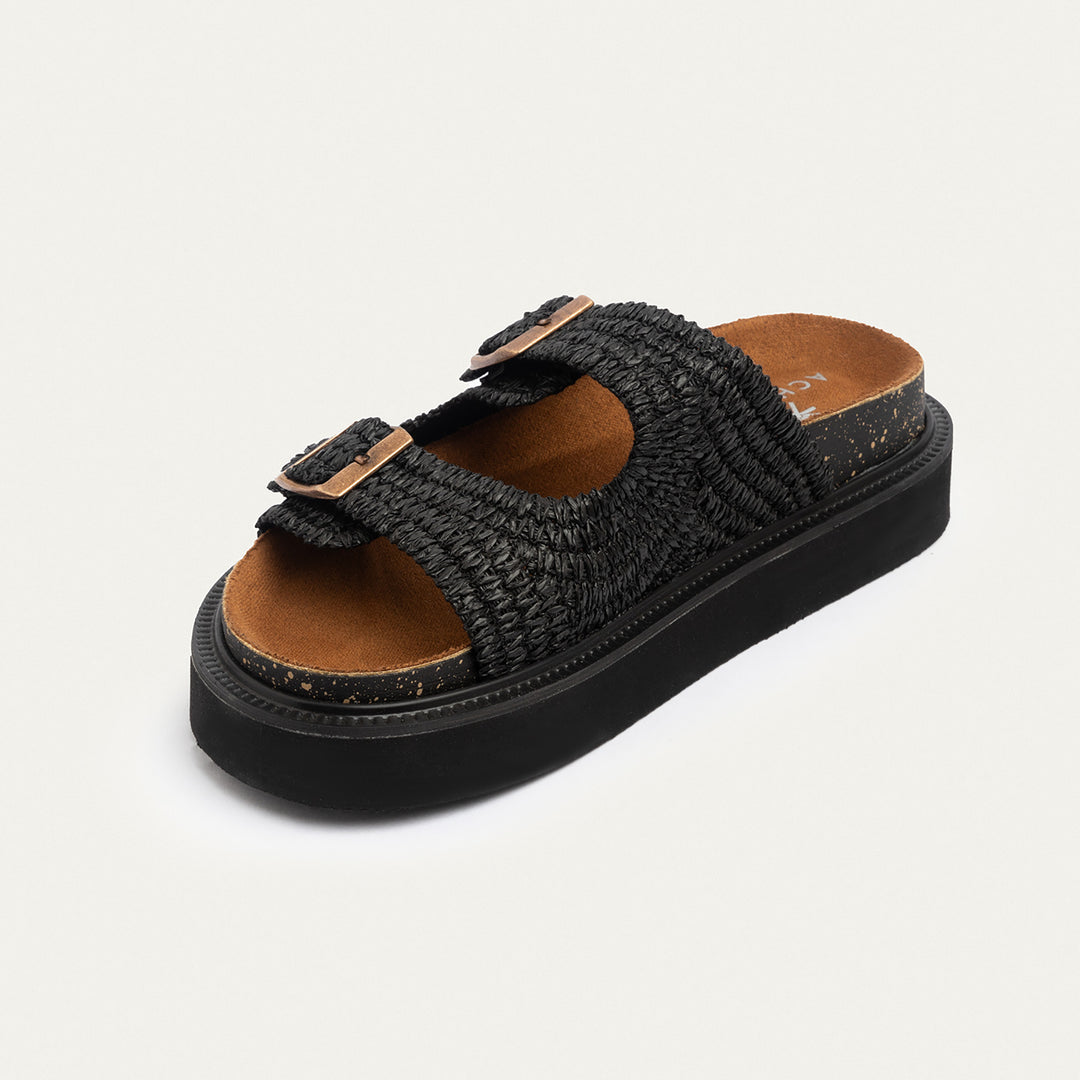Achilles | Boho Chic Woven Platform Slides - Black
