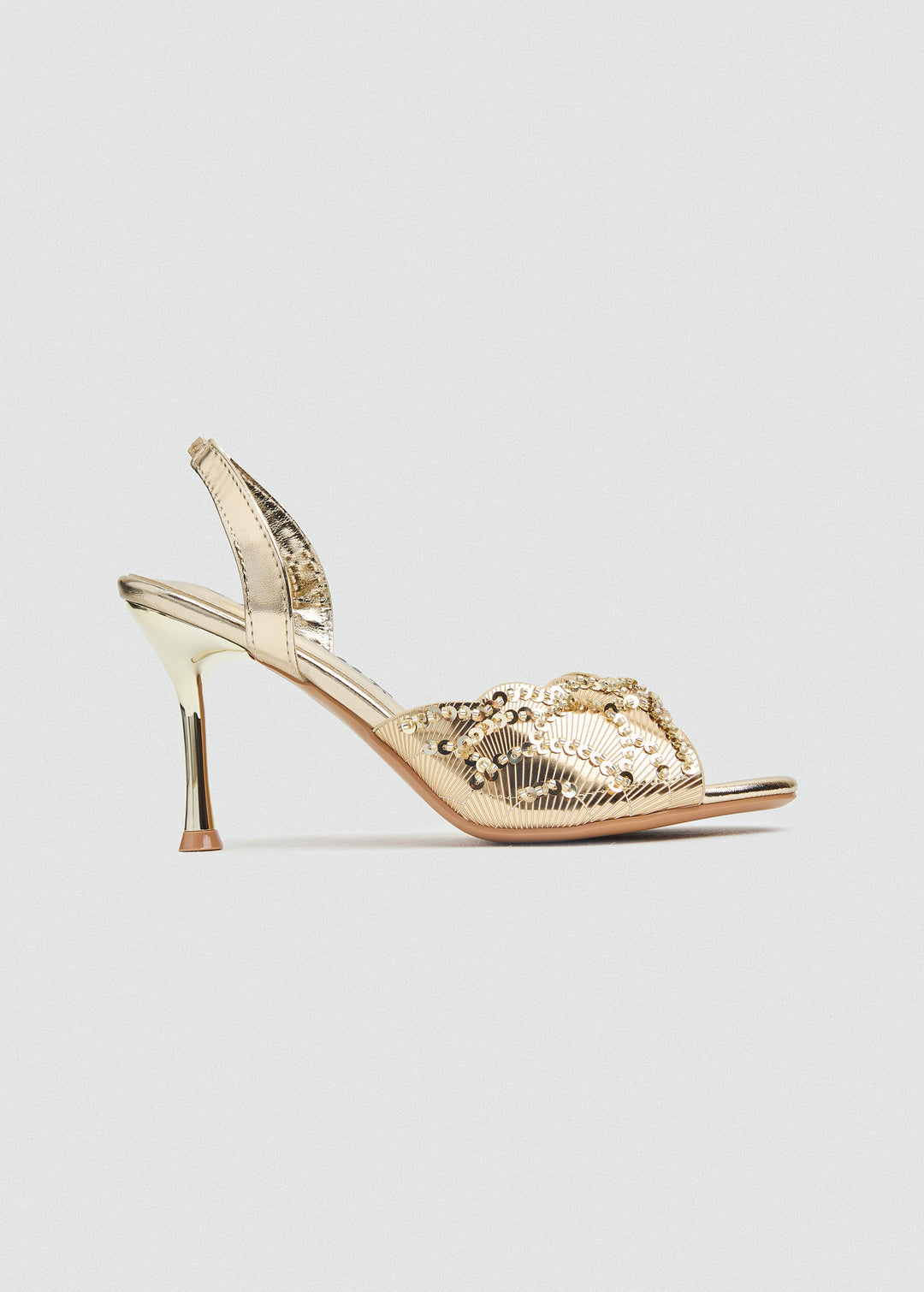 Beaded Lattice Slip-On Heeled Sandals - Gold