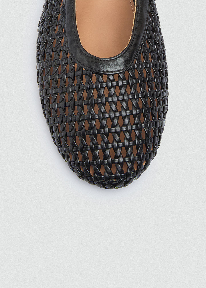 Woven Basket Mary Jane Flats - Black