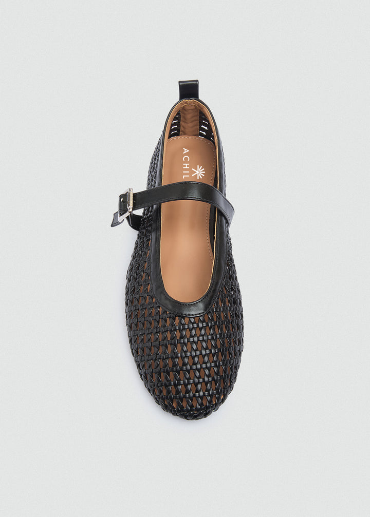 Woven Basket Mary Jane Flats - Black