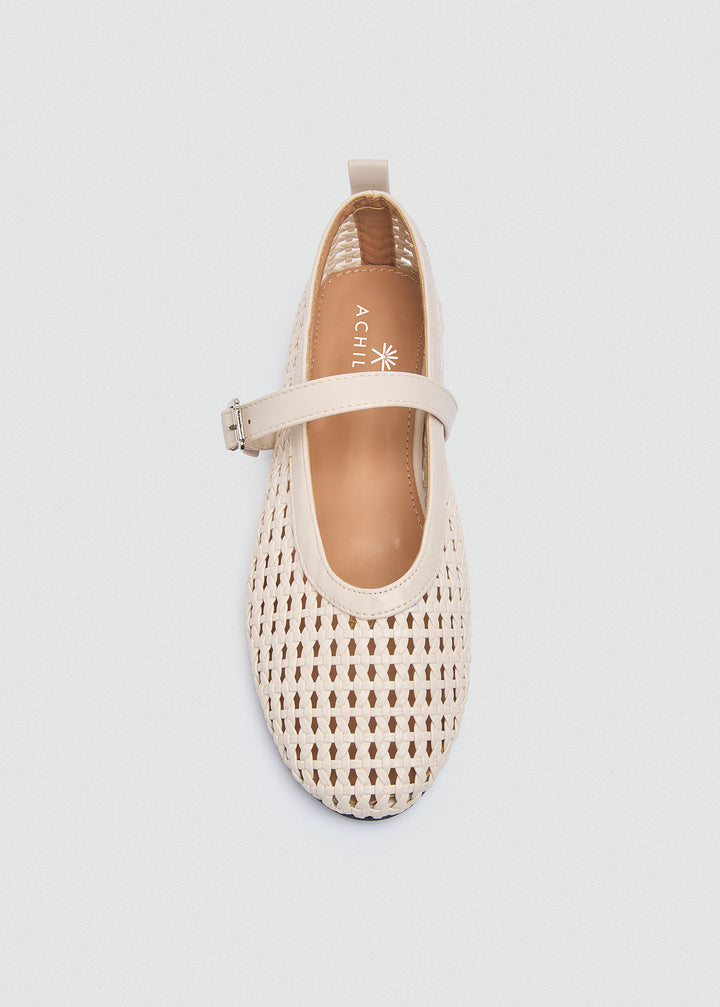 Woven Basket Mary Jane Flats - Beige