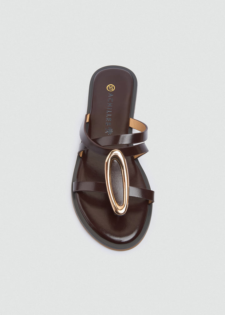Flat Thong Sandals Gold Oval Ring - Brown