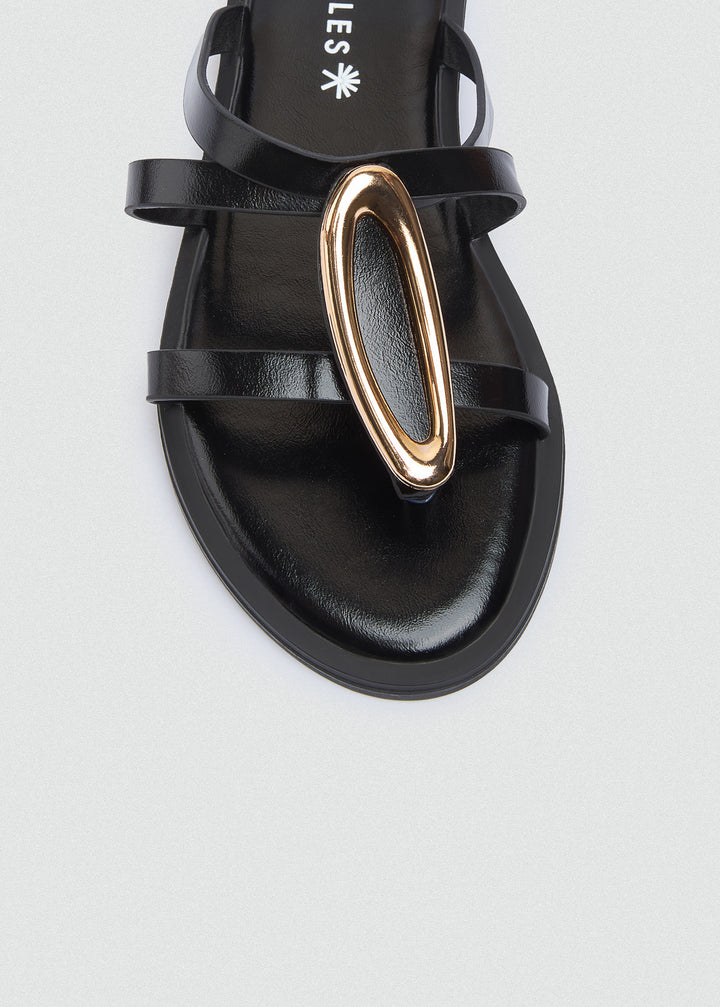 Flat Thong Sandals Gold Oval Ring - Black