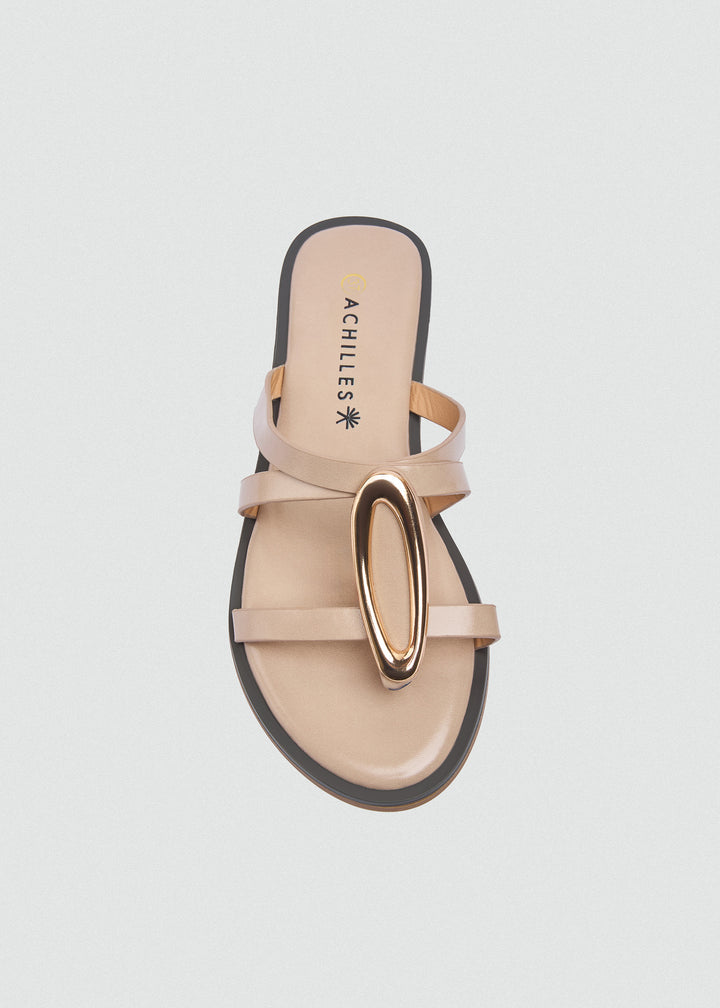 Flat Thong Sandals Gold Oval Ring - Beige