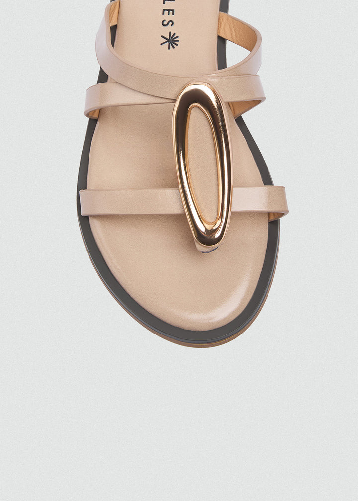 Flat Thong Sandals Gold Oval Ring - Beige