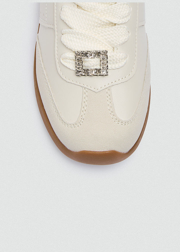 Rhinestone Buckle Retro Sneakers - Beige