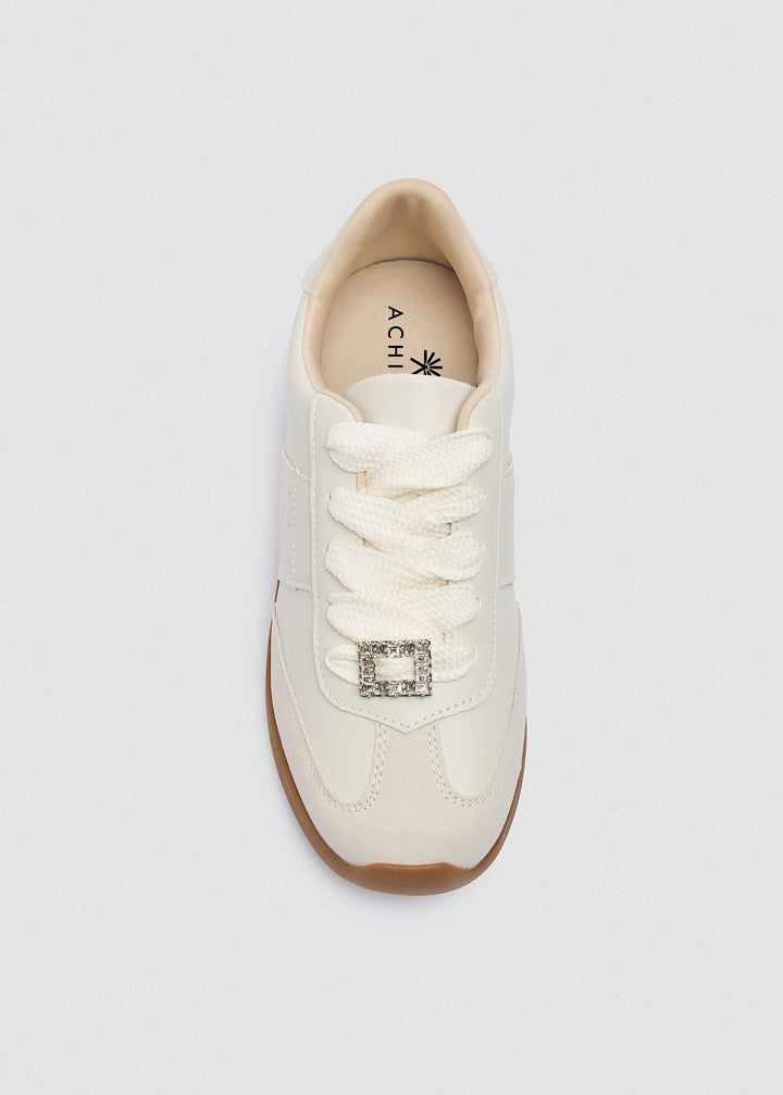 Rhinestone Buckle Retro Sneakers - Beige