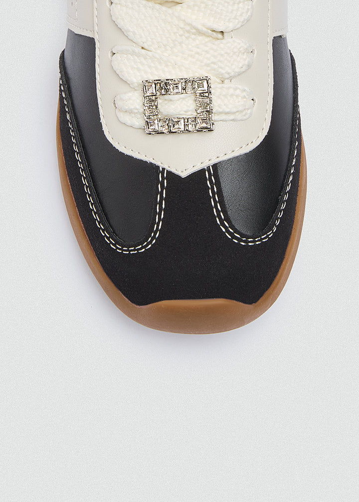 Rhinestone Buckle Retro Sneakers - Black
