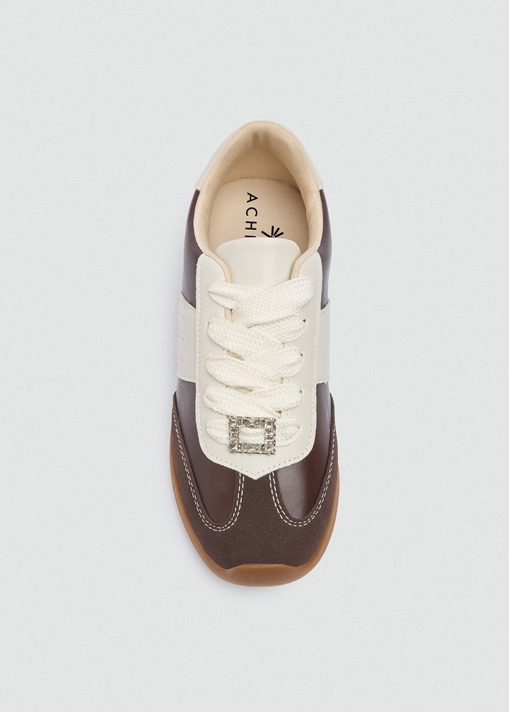 Rhinestone Buckle Retro Sneakers - Brown