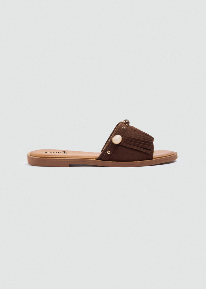 Suede Slides Fringe Stones - Brown