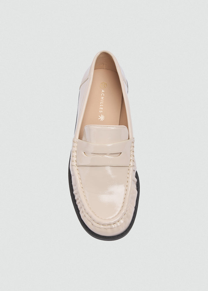 Patent Crinkle Penny Loafers - Beige
