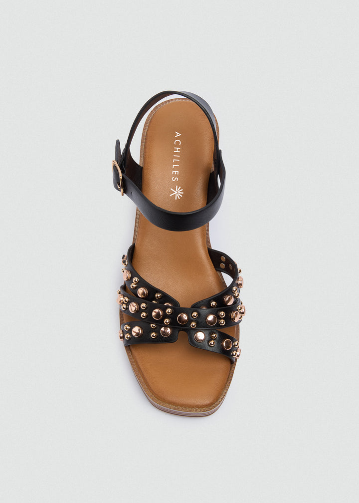 Platform Block Heel Studded Sandals - Black