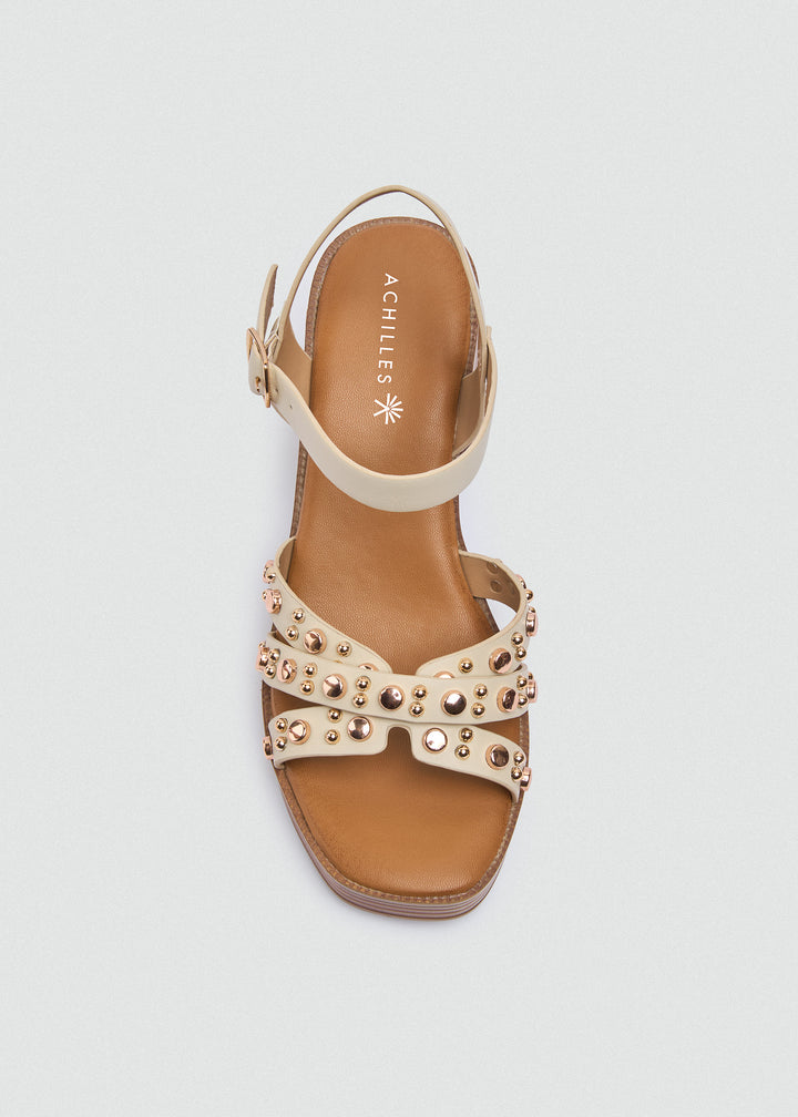 Platform Block Heel Studded Sandals - Beige