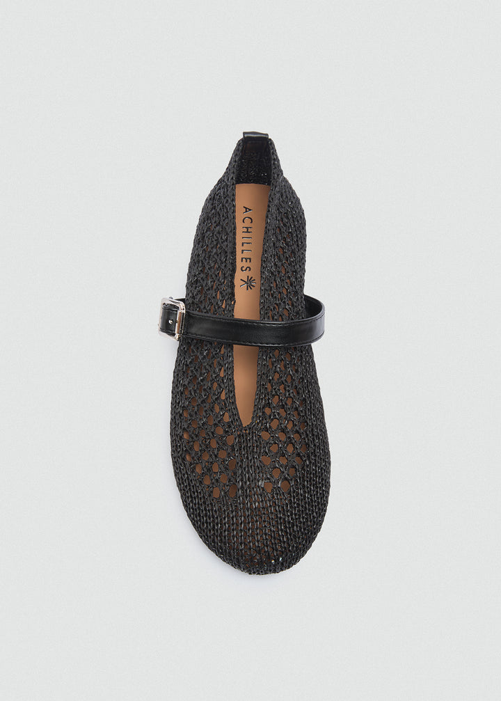 Woven Mesh Mary Jane Flats - Black