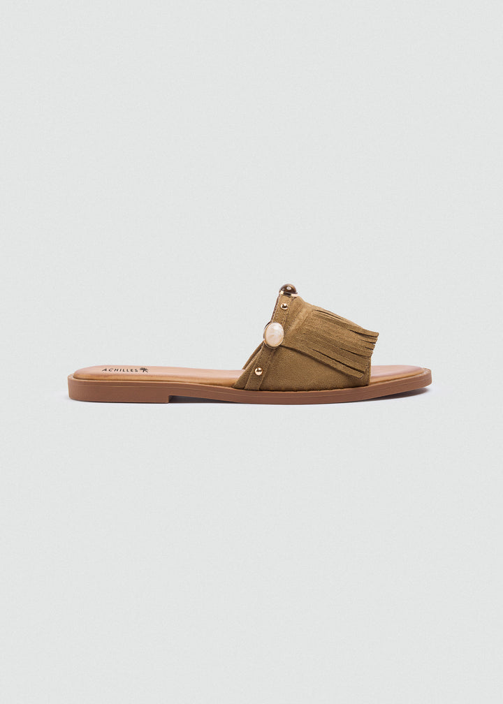 Suede Slides Fringe Stones - Café