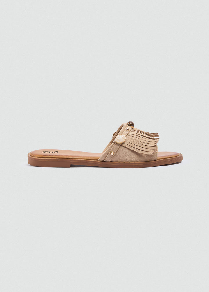 Suede Slides Fringe Stones - Beige