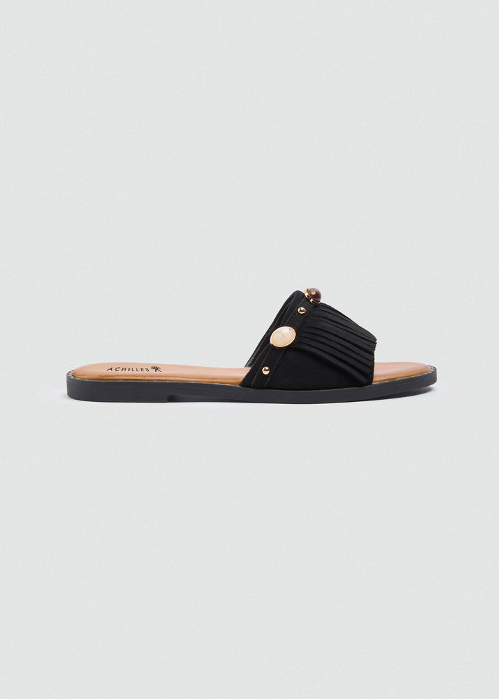 Suede Slides Fringe Stones - Black