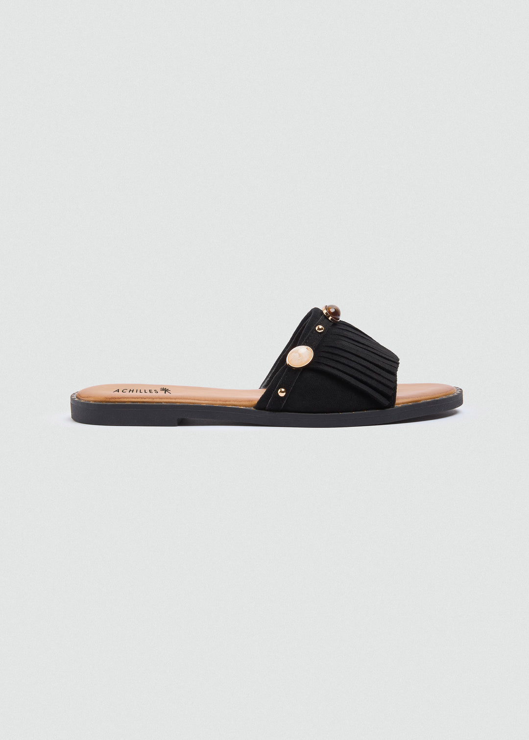 Suede Slides Fringe Stones - Black